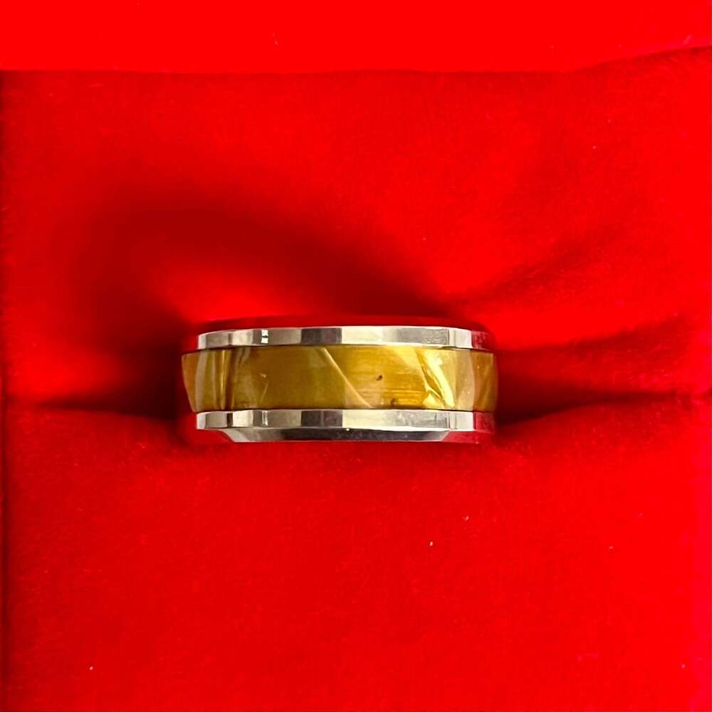 Tungsten Carbide Tiger Eye Inlay Beveled Edge 8mm Ring Size 6